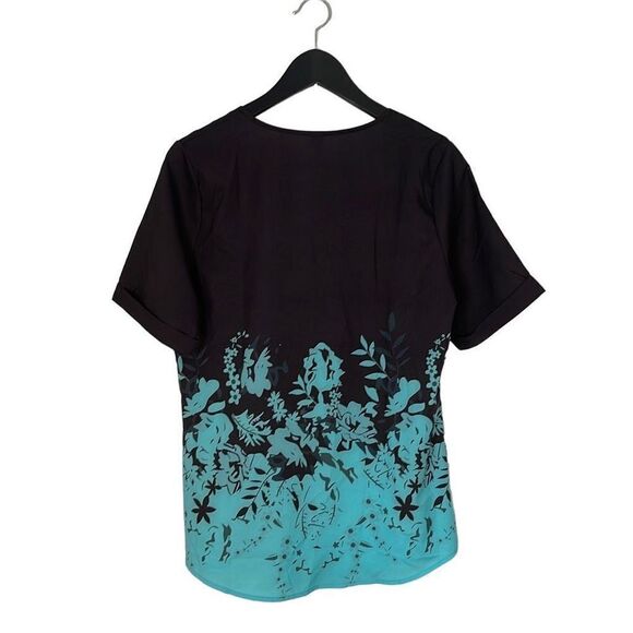 Made with Love Short Sleeve Pullover Blouse Black Turquoise Floral Size Medium - Picture 4 of 7